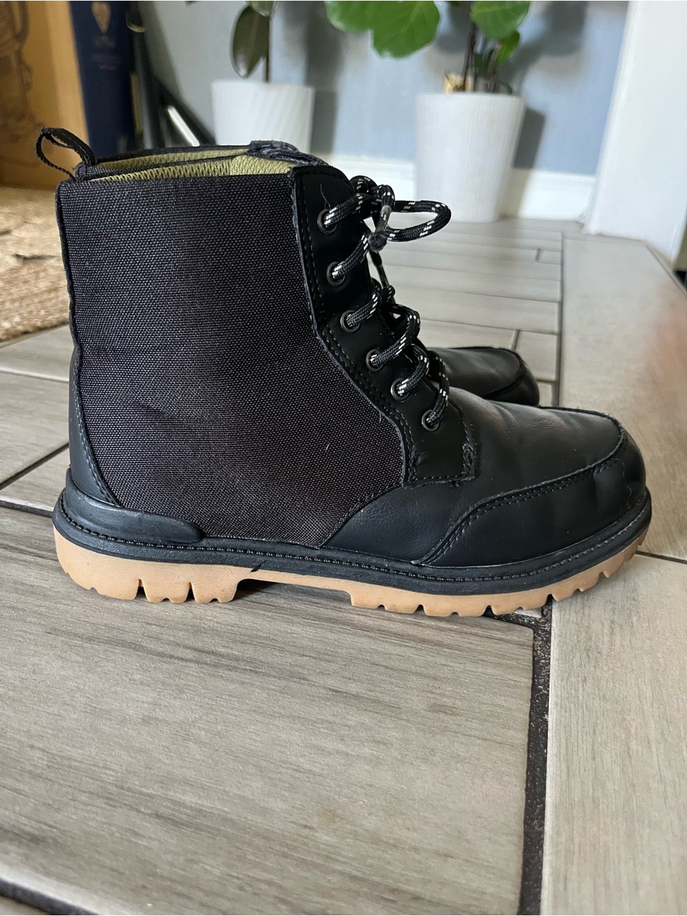 wonder nation Black Lace-Up Kids Ankle Boots with Tan Sole